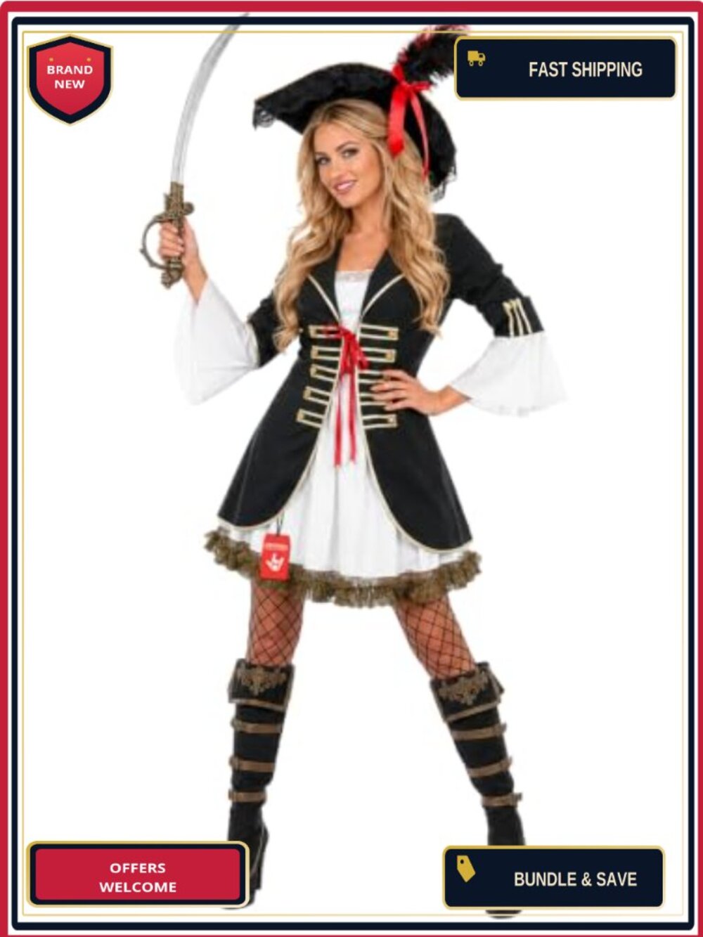Pirate Costume Women Corset Jacket Dress Hat 3 Piece Set Halloween Cosplay